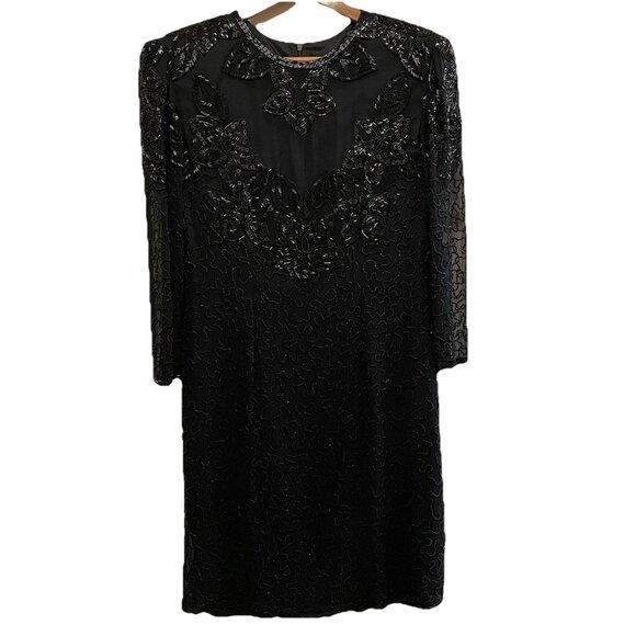 VTG Black Silk Beaded Formal Knee Length 3/4 Length Sheer Sleeve Sheath Dress Sz - Picture 1 of 9